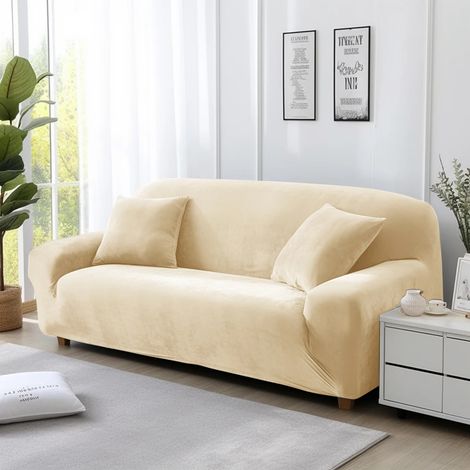 Housse de canapé en velours extensible, deux places (145-185 cm), jaune pâle. (1/5)