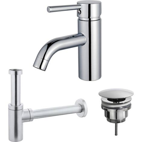 Fortifura Calvi Kit mitigeur lavabo - robinet bas - bonde nonobturable - siphon design - Chrome brillant