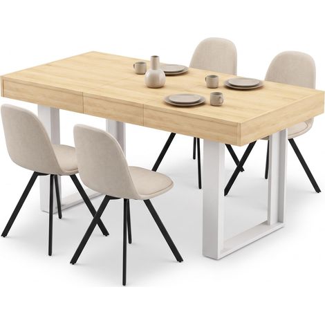 FurnitureR Ensemble repas 5 pièces, table extensible et 4 chaises, Table extensible de 120 à 160 cm avec 4 chaises pivotantes beiges et pieds blancs (1/5)