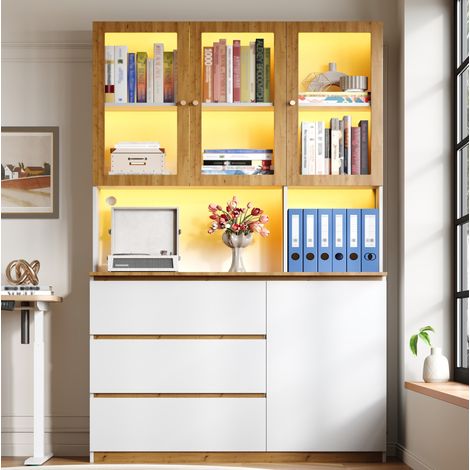 Mobile alto vetrina 120x200 cm, vetrina in vetro, piano aperto con gestione cavi, 3 cassetti, MDF, bianco e rovere (1/5)