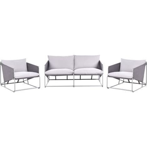 Conjunto de jardín sofá 2 sillas bajos de metal con cojines de asiento y respaldo muebles de exterior interior jardín gris Ponte