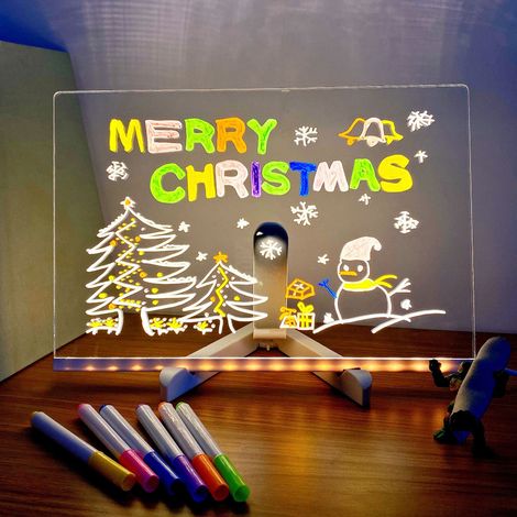 Tableau blanc lumineux en acrylique, tableau mémo LED multicolore avec stylo lumineux 7 couleurs, tableau de bureau transparent, tableau de notes à lettres LED (1/5)