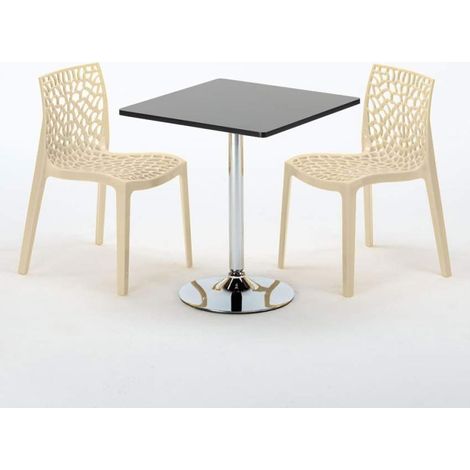 Tavolino Quadrato Nero 70x70 cm con 2 Sedie Colorate Gruvyer Mojito - Beige (1/5)