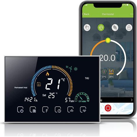 Thermostat Connecté pour Chaudiere Gaz, Thermostat Intelligent avec écran Tactile, Compatible avec , Prise en Charge de la Commande Vocale à Distance et avec écran LCD, Noir (1/5)