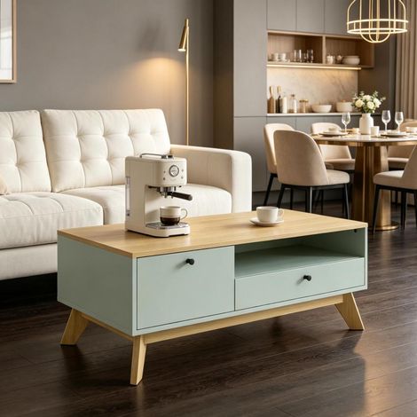Table basse rectangulaire panneau MDF avec tiroir, placard et niche ouverte, fermeture magnétique pour salon (1/5)