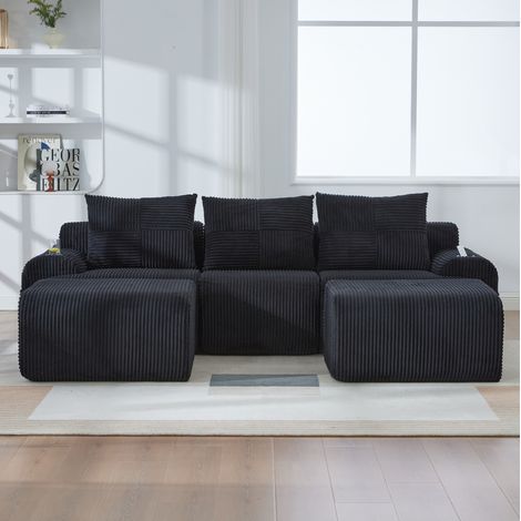 Canapé modulaire 268/174 cm en velours côtelé noir avec porte-gobelet et poche latérale (1/5)