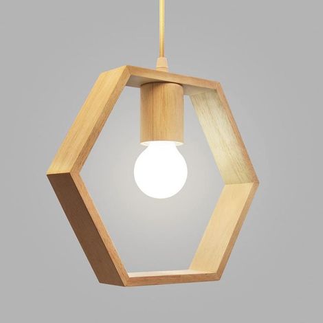 Suspension hexagonale géométrique nordique en bois, à une tête, pour salle à manger, bar ou restaurant, avec ampoule blanche - 26 cm [Classe énergétique A+++] (1/5)