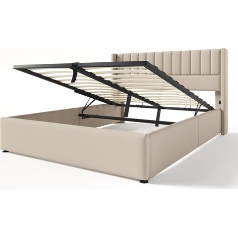 Polsterbett mit Bettkasten, hydraulisch, 160x200 cm, beige, mit Lattenrost und Metallrahmen (1/5)