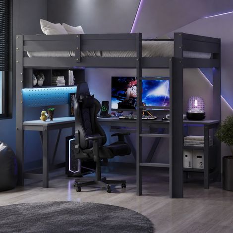 Letto a soppalco per bambini 90x200 cm grigio con scrivania LED, senza materasso - CHICFURN (1/5)