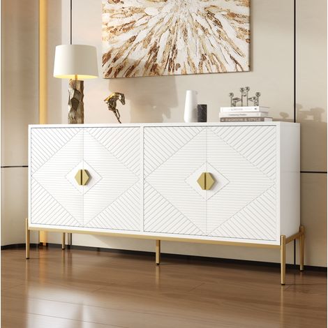 Meuble TV 4 portes relief géométrique 162x40x80 cm blanc, panneaux de bois, MDF et métal FloraGrace (1/5)