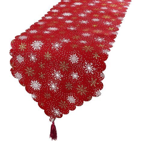 Chemins de table de Noël 35x180 cm - Rouge avec motifs flocons de neige (1/5)