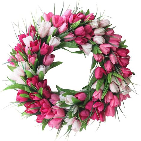 1 Couronne de tulipes artificielles, fleurs en plastique, décoration printemps, pour porte intérieure extérieure (1/5)