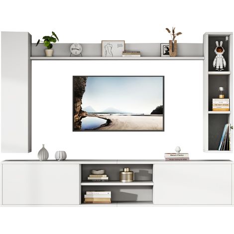 Meuble TV mural 4 pièces blanc avec deux meubles suspendus, étagère et rangement, pour petit salon, en panneau de particules CHICFURN (1/5)