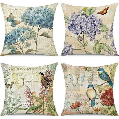Housse de coussin 18x18 cm, lot de 4 taies déco lin fleurs papillons oiseaux, imprimé campagne, pour canapé salon, housses d'oreiller été printemps, fermeture invisible, 45x45 cm. (1/5)