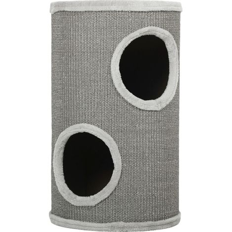 Torre tiragraffi per gatti 60 cm Ø 35 cm con 2 cucce, bordo in peluche, grigio chiaro (1/3)