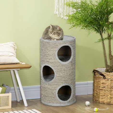 Maison pour chat à 3 niveaux avec griffoir en sisal et doublure en peluche, niche d'intérieur multi-niveaux, Ø38 x 70 cm, gris clair (1/4)
