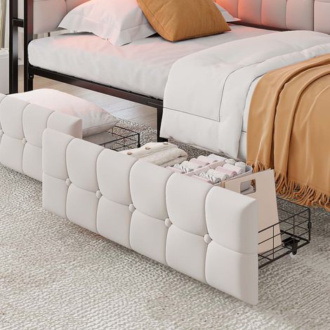 Canapé-lit 90x200 avec sommier rembourré, lit coffre 2 tiroirs, lampe LED de chevet avec ports USB et Type-C, lit multifonction enfant en forme de bateau, convertible beige (1/5)