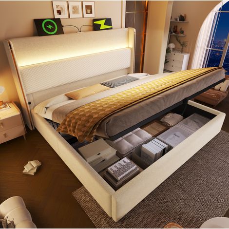 Letto matrimoniale 140x200 cm beige in lino con LED, USB-C e vano contenitore (1/5)
