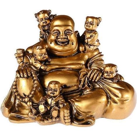 Statuette Bouddha Rieur avec 5 Enfants - Statue Bouddha 14 cm Coloris Doré - Décoration Feng Shui - Objet Déco Zen Chinoise pour Intérieur, Salon - Idée Cadeau Chine Asie Porte Bonheur (1/5)