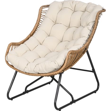 Fauteuil de jardin style rotin, avec coussin, structure en métal, 75 x 101 x 90 cm, naturel/kaki/noir