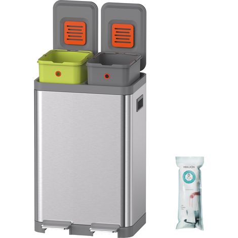Poubelle de cuisine à double étape et poubelle de recyclage en acier inoxydable avec seaux intérieurs amovibles, pour la maison, le bureau (20 + 20 L, argenté) (1/5)