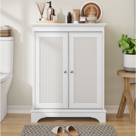Mobile bagno a terra boho in MDF bianco con anta effetto rattan e ripiano interno regolabile (1/5)