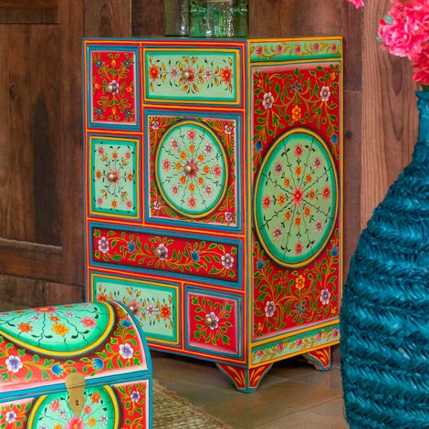 Chiffonnier 7 tiroirs style indien 43x29x65 cm vert et rouge - NEIDIN