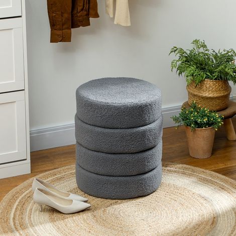 Tabouret rond gris foncé en polaire teddy, diamètre 40 cm, hauteur 45 cm, supporte jusqu'à 120 kg