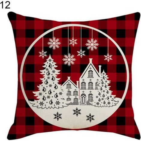 Taie Doreiller - 45 X 45 Cm - Motif Noël Plaid Rouge Et Noir - Pour Oreiller Carré - 1 Piece (1/2)