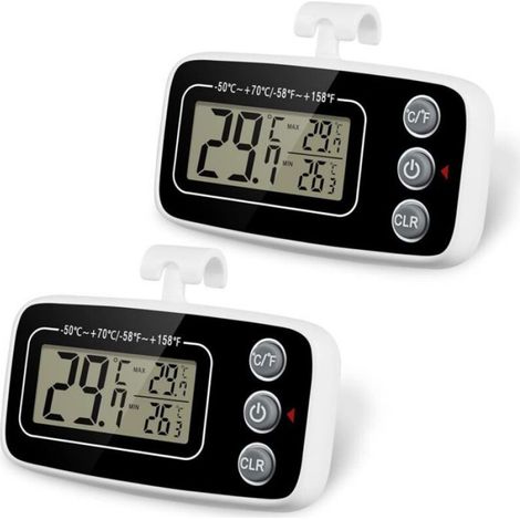 Thermomètre Réfrigérateur - Plage -50 à +70 ℃ - Précision ±1 ℃ - Étanche IPX3 - Affichage LCD 1,9 Pouces - Enregistrement Max/Min - Pour Réfrigérateur Congélateur - 2 Pièces