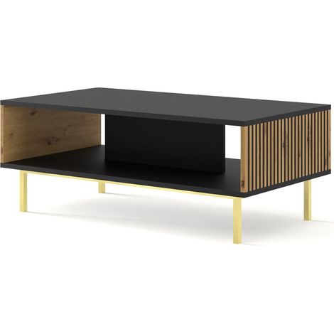 Table basse Noir/Chêne artisan 90x60x45 RAVI F PEINT Pied Cadré or (1/2)