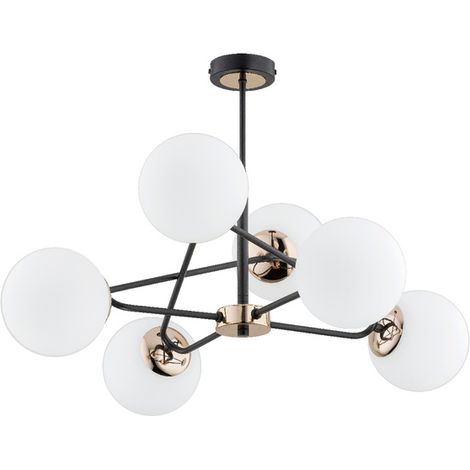 Alfa SAGITO 6-Light Ceiling Chandelier, Black Metal with White Glass Shades, Brass Accents, E14 Socket, Modern IP20 Indoor Light for Living Room/Dining Room/Office