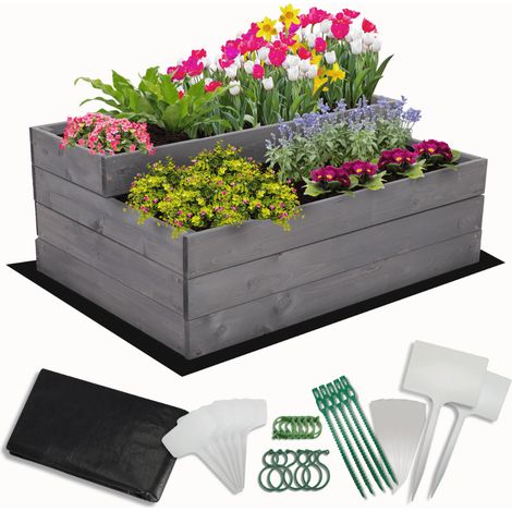 MODO24 Carré potager surélevé en bois, 2 niveaux en cascade, 36x90x63 cm, jardin/terrasse, kit jardinier inclus, gris imprégné