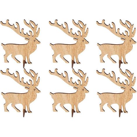 Lot de 6 adorables décorations de Noël en forme de cerf, à poser sur un bureau ou une table. Ornements en bois représentant des cerfs de dessin animé, délicats objets artisanaux pour vitrine ou meuble