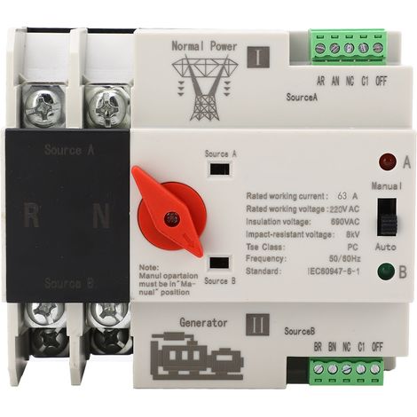 Interruttore automatico di trasferimento di potenza doppio ATS 2P 100A AC 50/60HZ, interruttore per generatore bifase per montaggio su guida DIN, materiale PC ignifugo, argento (63A)