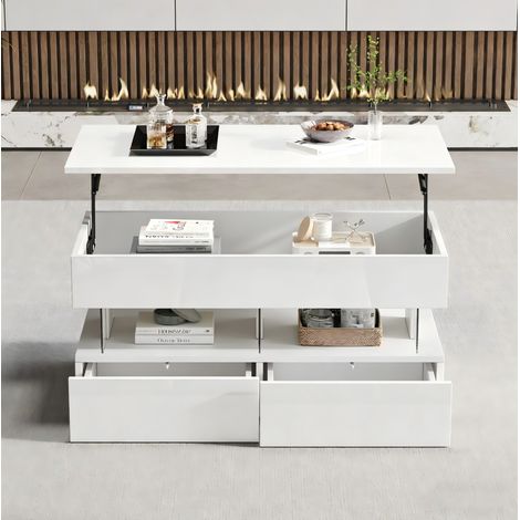 Mesa de centro elevable (100x50x46 cm), con almacenamiento oculto, 2 cajones, LED, MDF, blanca (1/5)