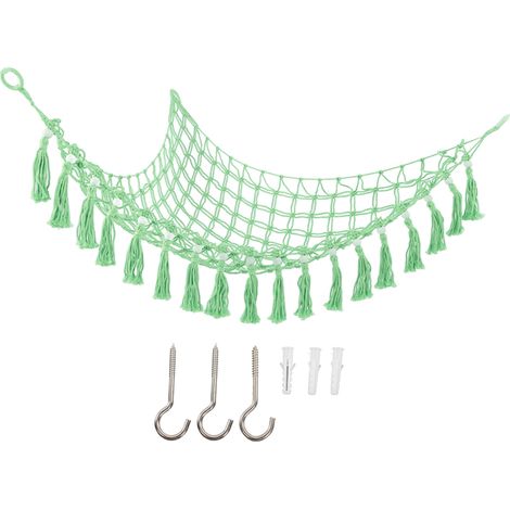 Hamac à jouets en triangle tissé avec perles en bois et pompons, rangement pour peluches, décoration maison, vert (1/5)