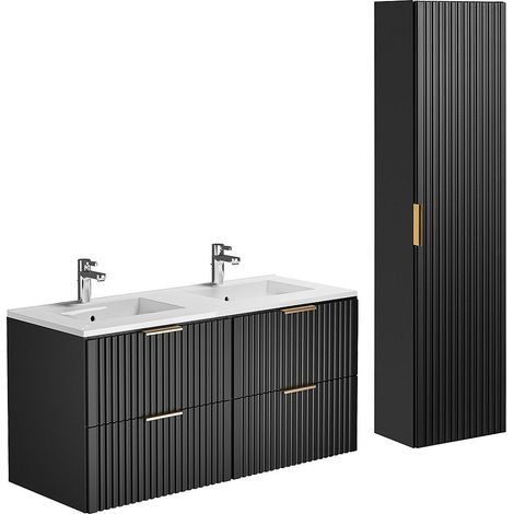 Vente-Unique – Meuble sous vasque suspendu strié 120 cm – Vasque à encastrer céramique blanche – Colonne de rangement noir MDF – Éco-responsable