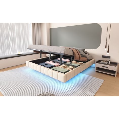 Literie design 180x200 cm, sommier hydraulique relevable avec coffre de rangement, lit capitonné multifonction sans tête de lit avec éclairage LED, lin beige (1/5)