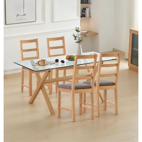 Hallowood Furniture Cullompton Large Dining Table and Chairs Set 4, Kitchen Table with Glass Top, Cross Wood Effect Metal Legs and Grey Fabric Ladder Back Chairs, Perfect for Home and Cafe (1/5)