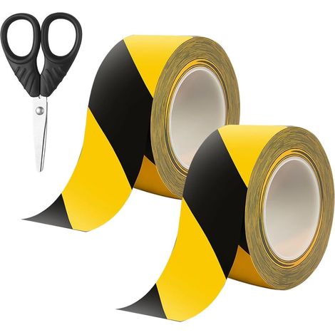 Lot de 2 rouleaux de Signalisation, Ruban Adhésif de Danger Noir et Jaune, 33 m x 5 cm Ruban de Marquage au Sol, Bande Adhésive pour Sécurité étanche, Rouleaux Ruban Adhésif de Sécurité Extérieur (1/5)