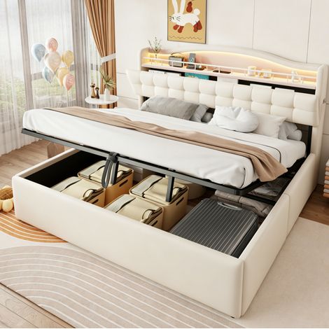 Letto imbottito 180x200 cm beige in velluto con contenitore idraulico, LED e porte USB/USB-C (1/5)