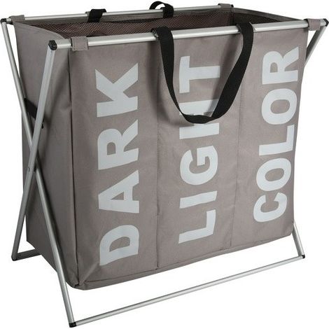 MSV – Panier à linge 3 compartiments taupe – 3x30L – Aluminium et PS – Design minimaliste pour rangement efficace (1/5)