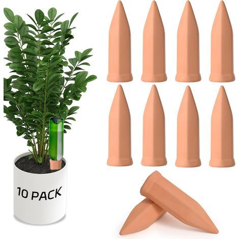 10 tuteurs en terre cuite à arrosage automatique – Pour bouteilles de vin – Intérieur et extérieur – Distributeur d'eau pour plantes d'intérieur – Système d'arrosage automatique pour plantes d'intérie (1/5)