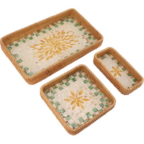 Plateau à fruits rectangulaire en rotin (lot de 3), plateau de rangement multifonctionnel pour la maison et le restaurant, motif treillis vert et feuilles jaunes. (1/5)