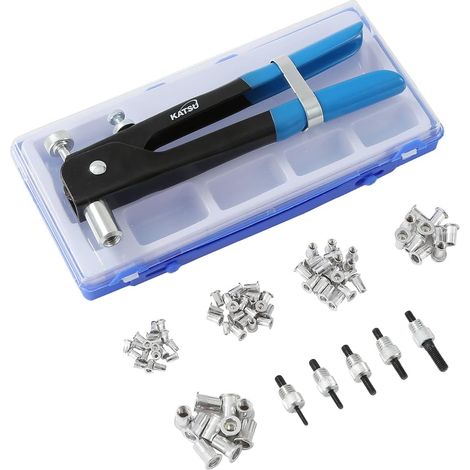 Kit de pistola para tuercas remachadoras manuales 86 piezas Remachadora manual Tuercas remachadoras Insertos roscados M3 M4 M5 M6 M8 para automóviles Remolques Tableros eléctricos y otras aplicaciones (1/5)