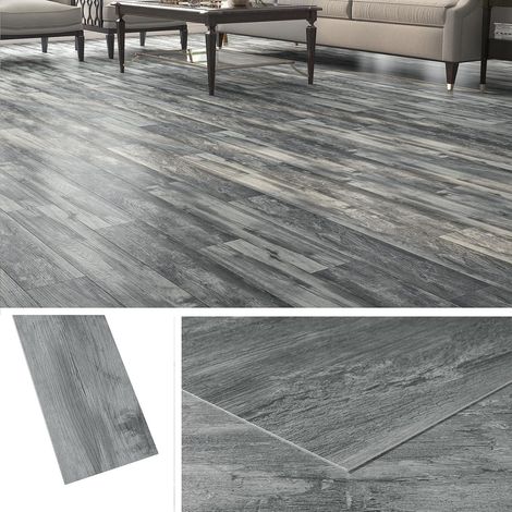 Lot de 18 carreaux de sol autocollants en vinyle gris - 90 x 15 cm - Pour salle de bain et cuisine - Gris béton (1/5)