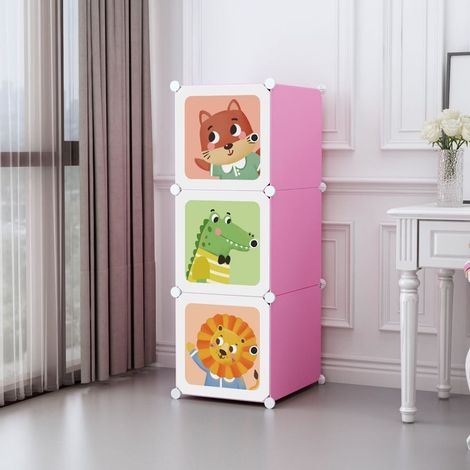 TrAdE Shop Traesio - Armadio Guardaroba Modulare Per Bambini A 3 Scomparti A Cubo Mobile Con Ante Decorate - Rosa (1/2)