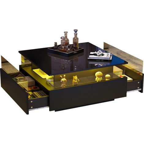 Couchtisch 70 x 70 x 41 cm modern Hochglanz mit LED – Wohnzimmertisch mit 2 Schubladen, transparentem Präsentationsfach, belastbar bis 30 kg