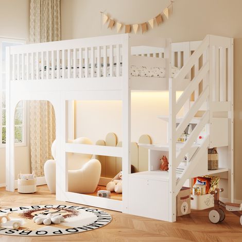 Lit mezzanine enfant 90x200 cm avec escalier de rangement, porte et fenêtres, espace de jeu sous lit, éclairage LED, garde-corps, blanc (1/5)